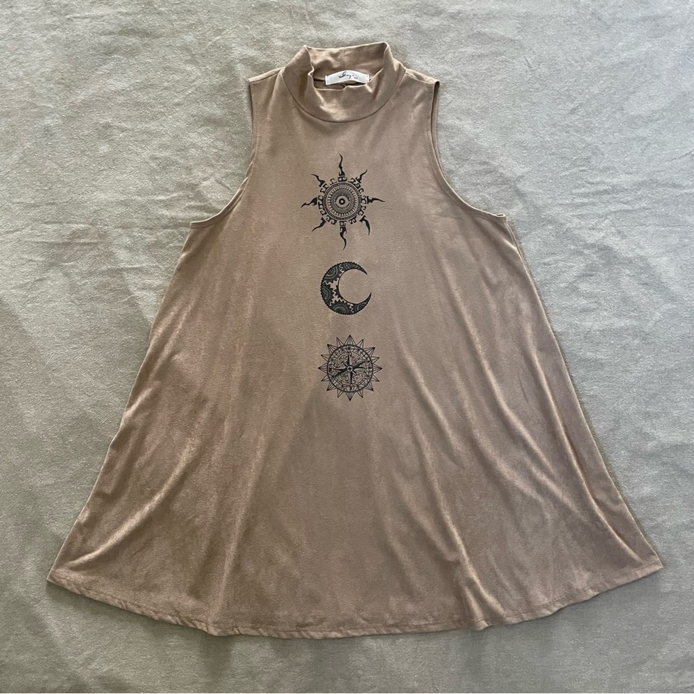 Boho High Neck Mini Dress Sun Moon Compass Women’s Small